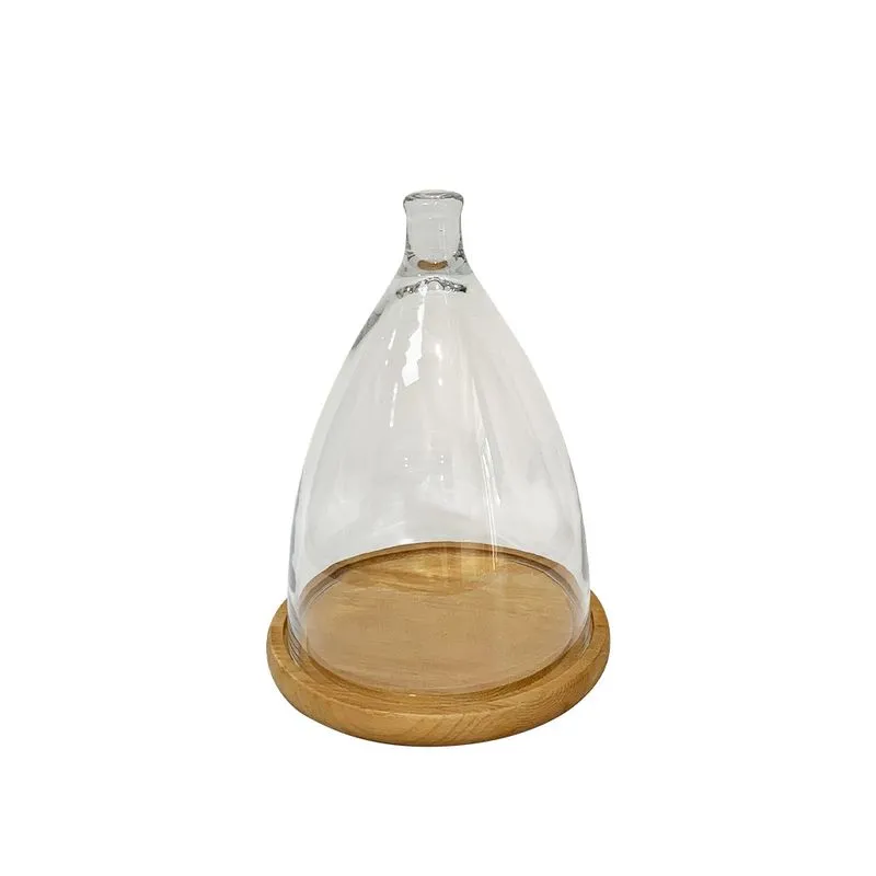 CUPULA DECORATIVA EM VIDRO TRANSPARENTE COM BASE MADEIRA NATURAL