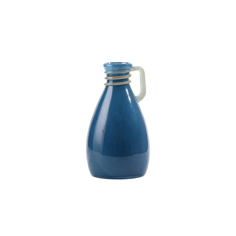 VASO DECORATIVO ESTILO JARRA EM VIDRO AZUL DETALHE BRANCO