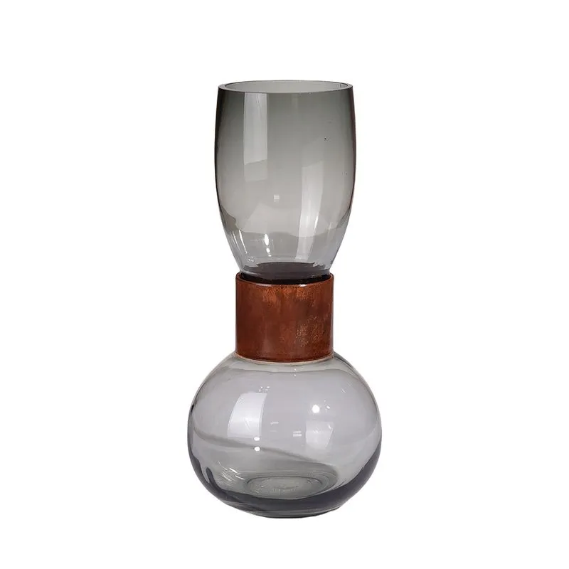 Vaso Decortaivo em Vidro Fume com Detalhe Central em Metal Bronze