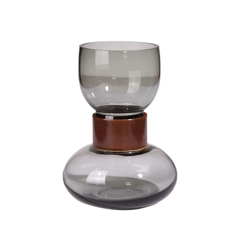 Vaso Decortaivo em Vidro Fume com Detalhe Central em Metal Bronze