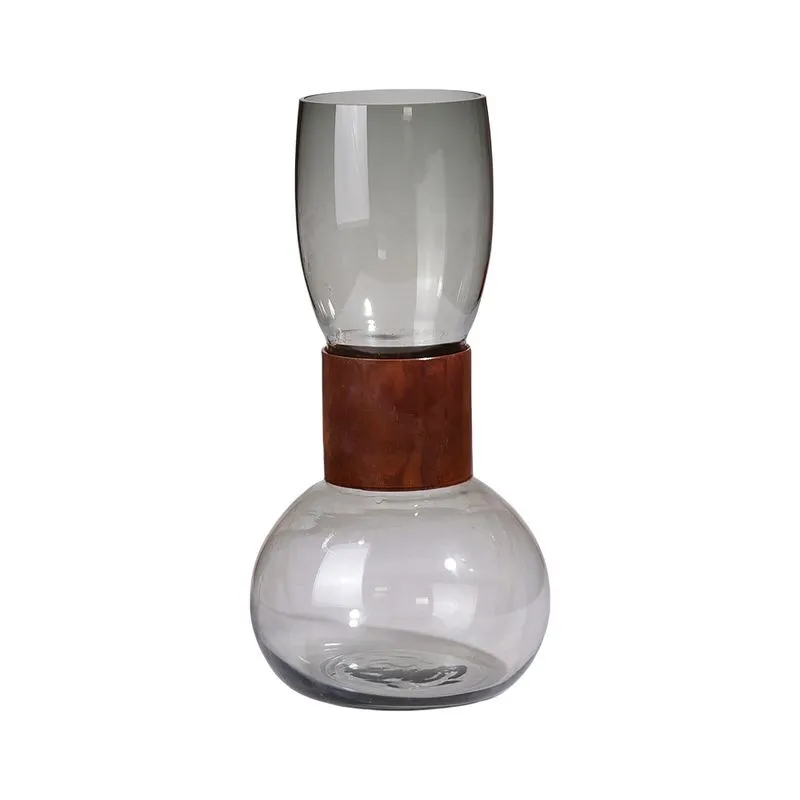 Vaso Decortaivo em Vidro Fume com Detalhe Central em Metal Bronze