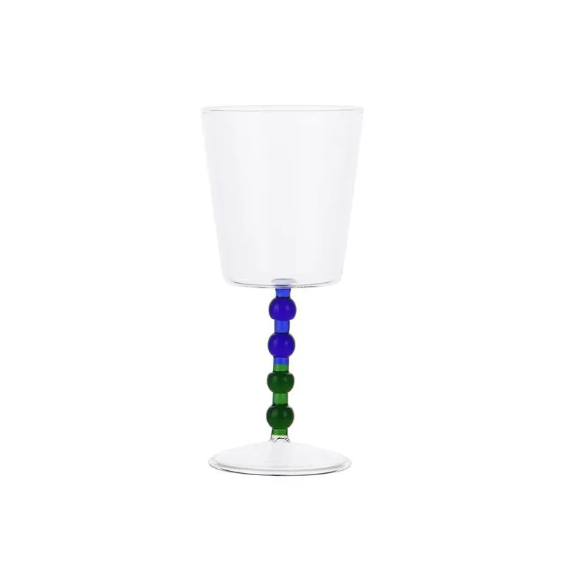 CONJUNTO DE COPOS EM VIDRO TRANSPARENTE COM HASE EM ESFERAS AZUL E VERDE 6PECAS - 340ML