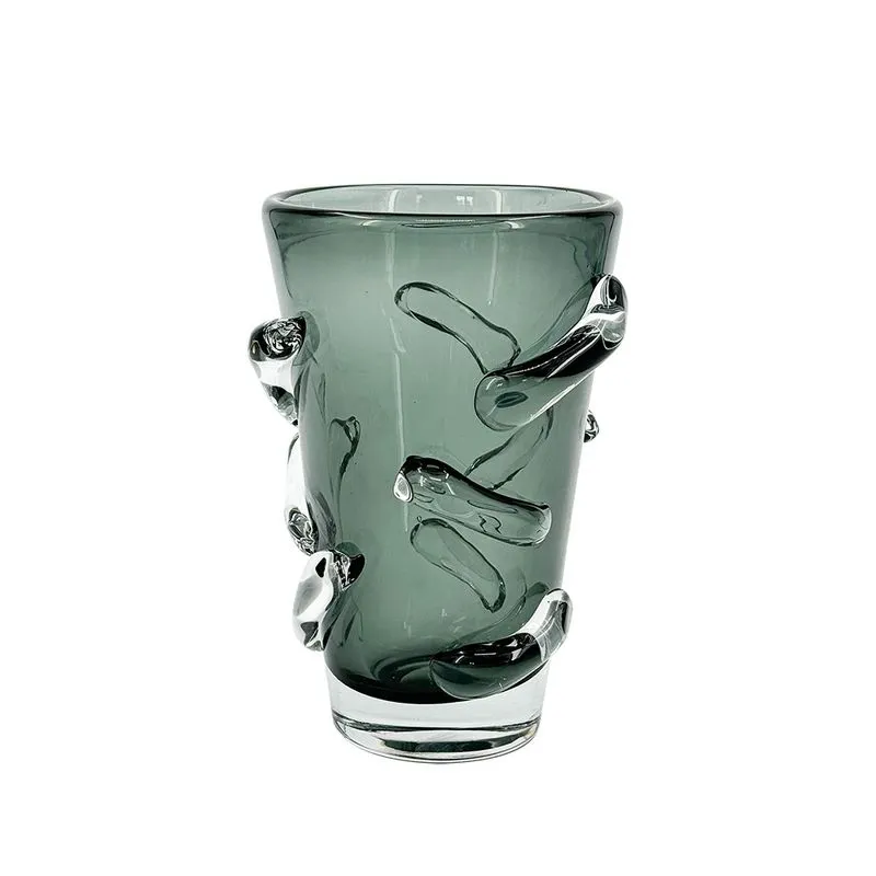 VASO DECORATIVO EM VIDRO VERDE COM RELEVO ESTILO MURANO