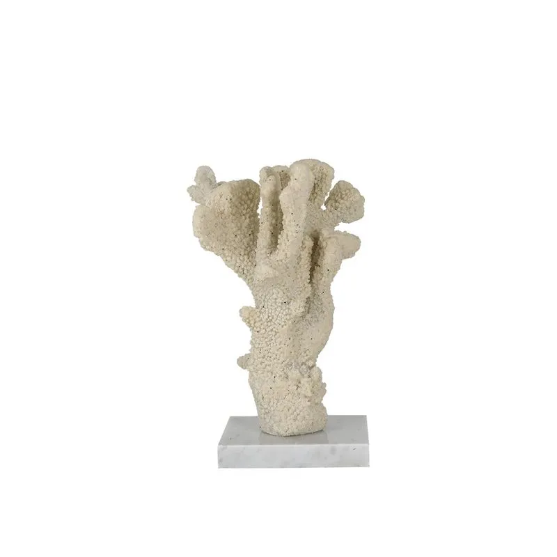 PECA DECORATIVA CORAL EM RESINA E BASE EM MARMORE BEGE