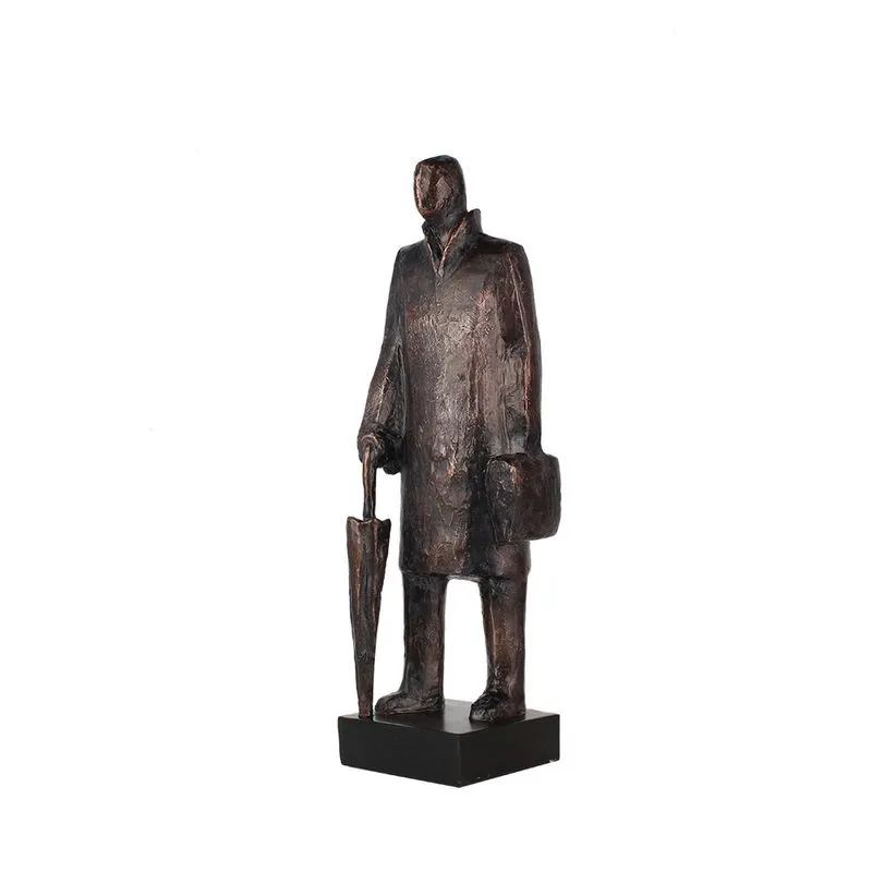 PECA DECORATIVA HOMEM COM GUARDA CHUVA EM PE EM RESINA BRONZE