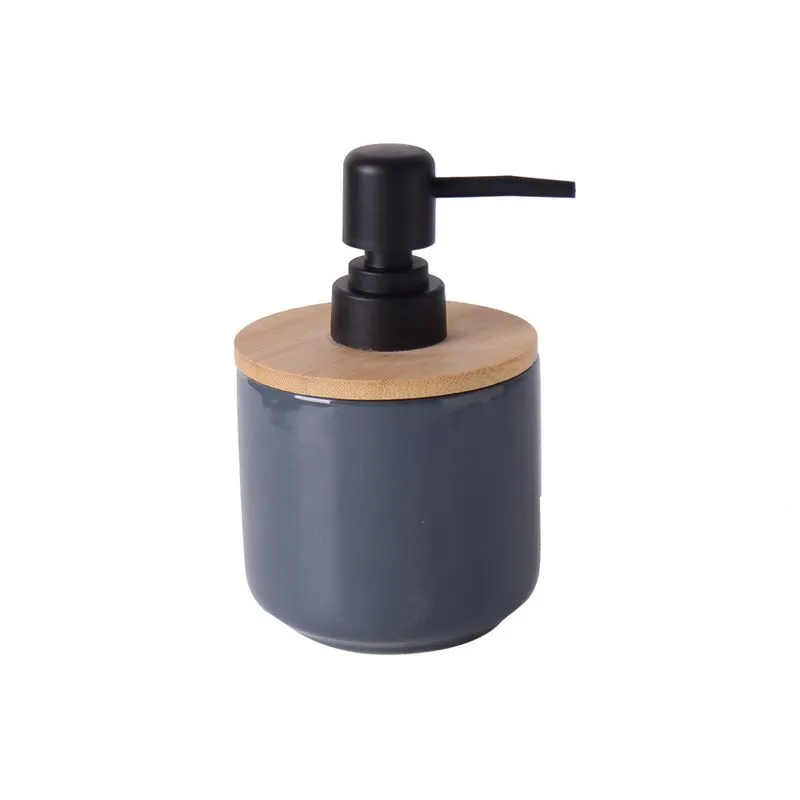 PORTA SABONETE EM CERAMICA AZUL DETALHE EM MADEIRA DISPENSER PRETO