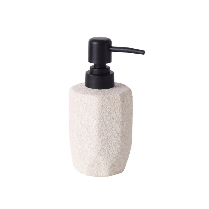 PORTA SABONETE EM CERAMICA BRANCO TEXTURIZADO COM DISPENSER PRETO