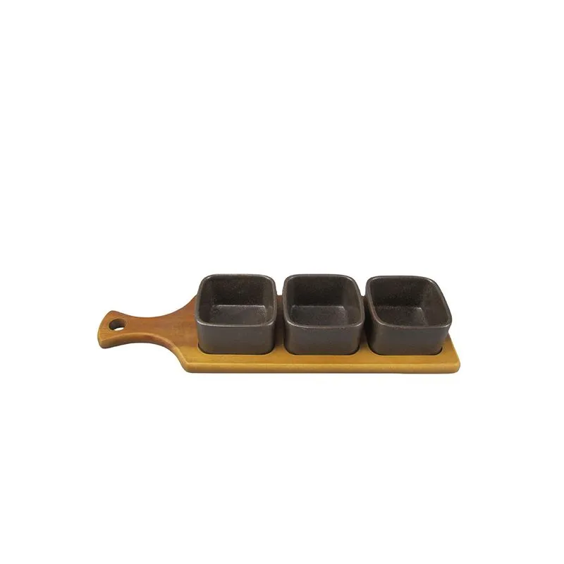 CONJUNTO PETISQUEIRA EM CERÂMICA PRETO BANDEJA MADEIRA COM 3 BOWLS