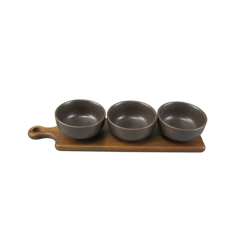 CONJUNTO PETISQUEIRA EM CERÂMICA PRETO BANDEJA MADEIRA COM 3 BOWLS