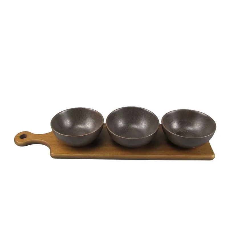 CONJUNTO PETISQUEIRA EM CERÂMICA PRETO BANDEJA MADEIRA COM 3 BOWLS