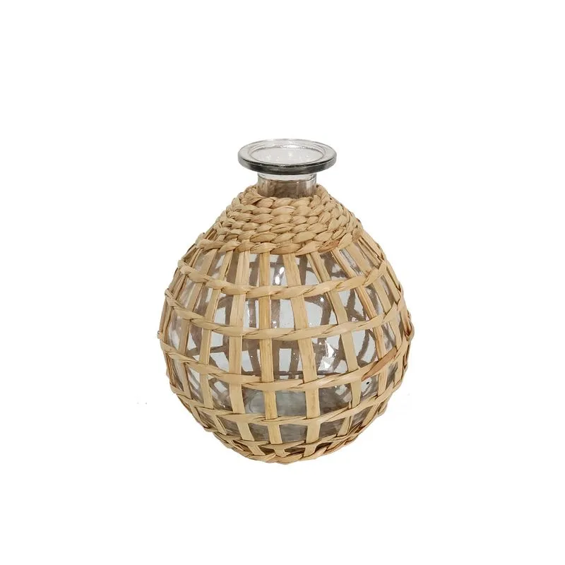 VASO DECORATIVO EM VIDRO COM FIBRA NATURAL TRANCADA