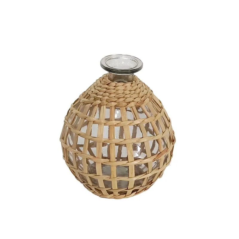 VASO DECORATIVO EM VIDRO COM FIBRA NATURAL TRANCADA