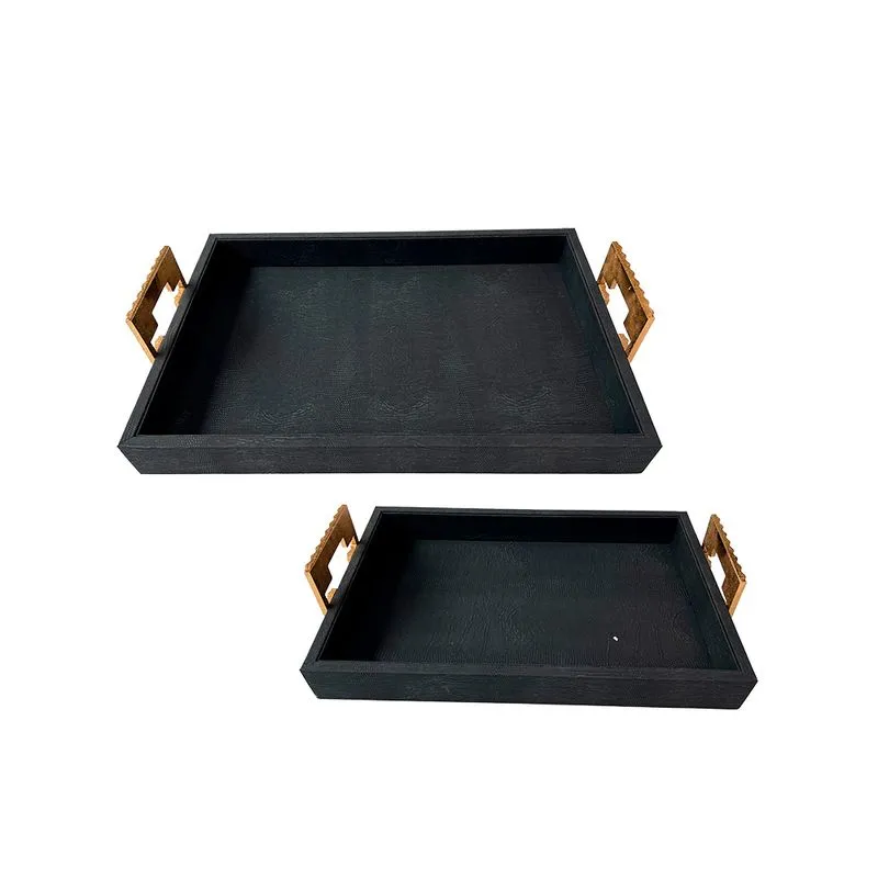 CONJUNTO DE BANDEJAS EM COURO SINTETICO PRETO ALCA DOURADA 2PECAS