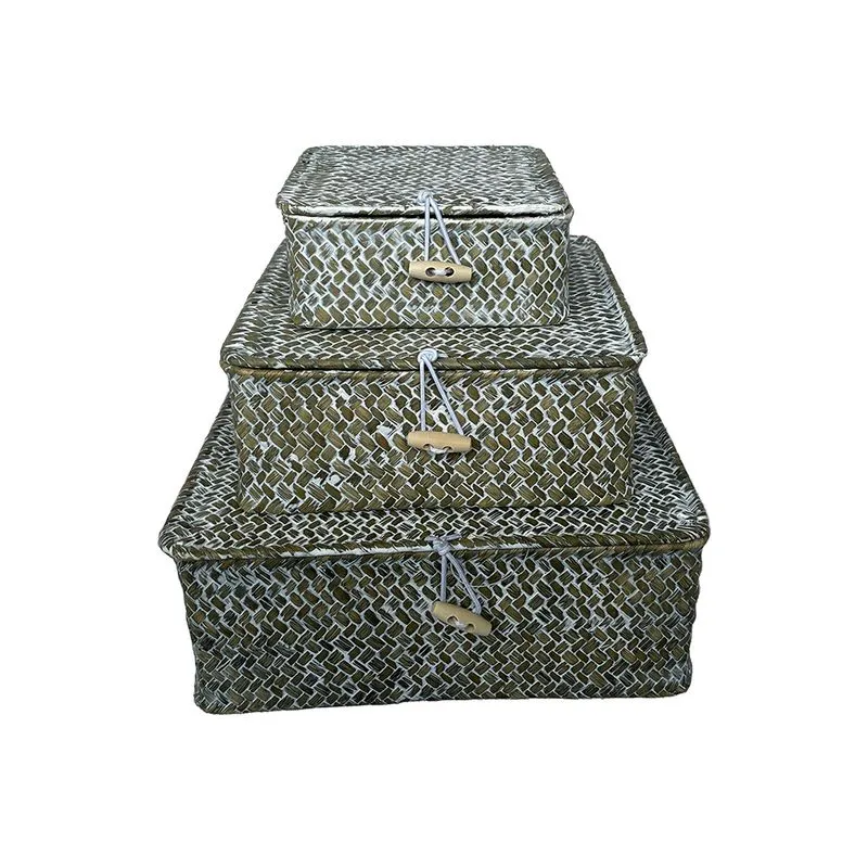 CONJUNTO DE CESTAS EM FIBRA VEGETAL MARROM E BRANCO 3PECAS