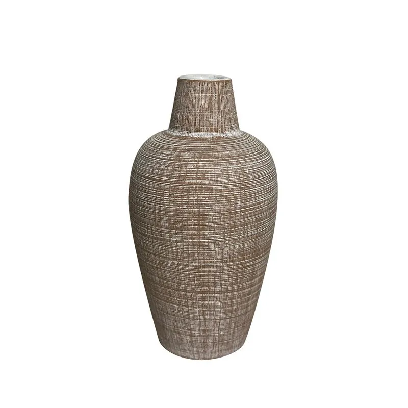 VASO DECORATIVO EM CERAMICA TEXTURIZADO MARROM E BRANCO