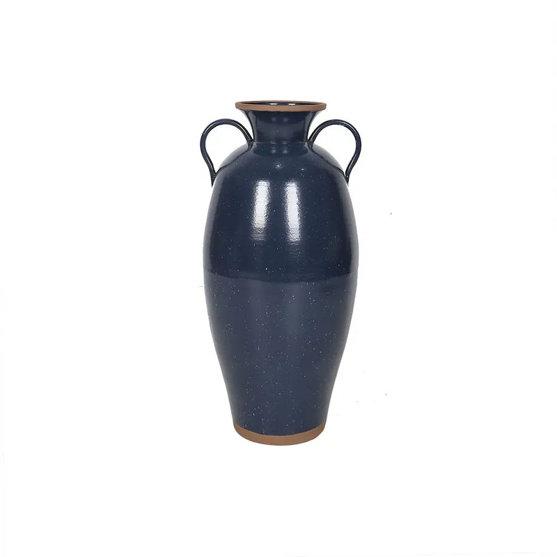 VASO DECORATIVO EM METAL COM ALCA AZUL COM DETALHE BEGE