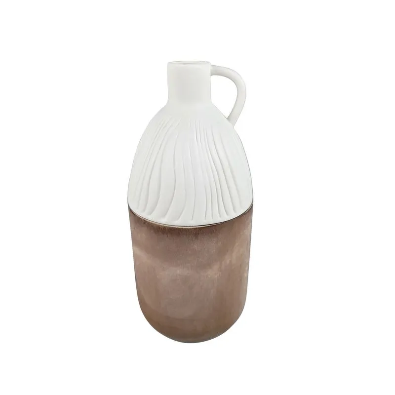 VASO DECORATIVO COM ALCA EM MADEIRA E CERAMICA BRANCO