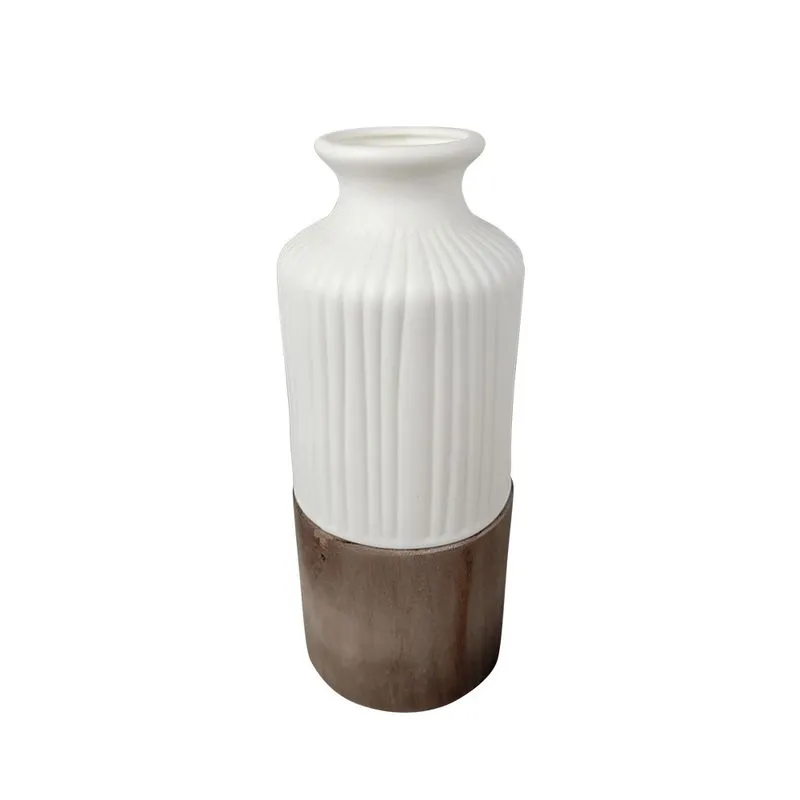 VASO DECORATIVO EM MADEIRA E CERAMICA BRANCO