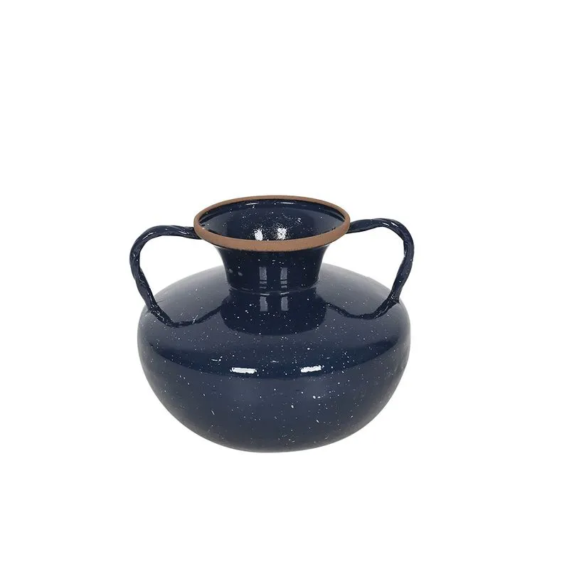 VASO DECORATIVO EM METAL COM ALCA AZUL COM DETALHE BEGE
