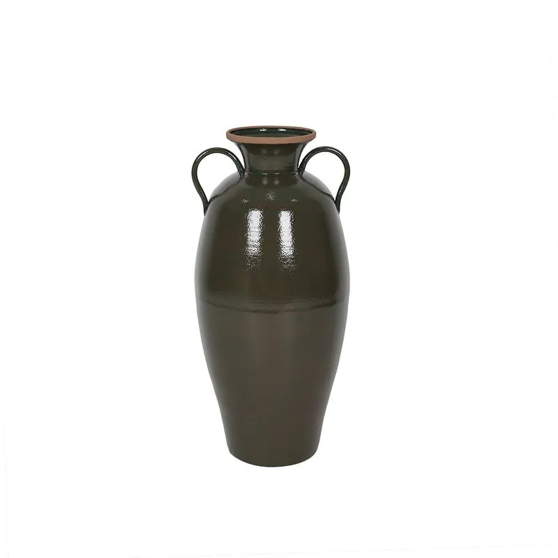 VASO DECORATIVO EM METAL COM ALCA VERDE COM DETALHE BEGE