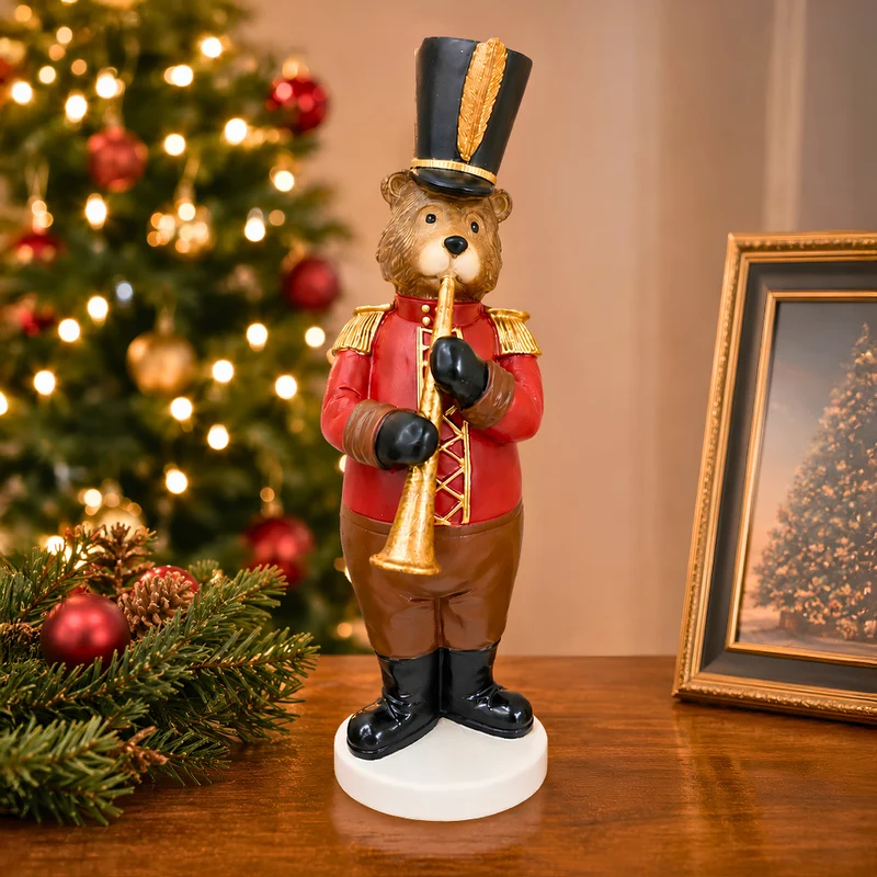 Adorno Urso Trompete Decorativo Natal Resina Vermelho / Marrom 31x10cm