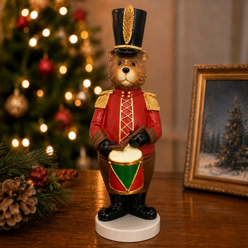 Adorno Urso Tambor Decorativo Natal Resina Vermelho / Marrom 31x10cm