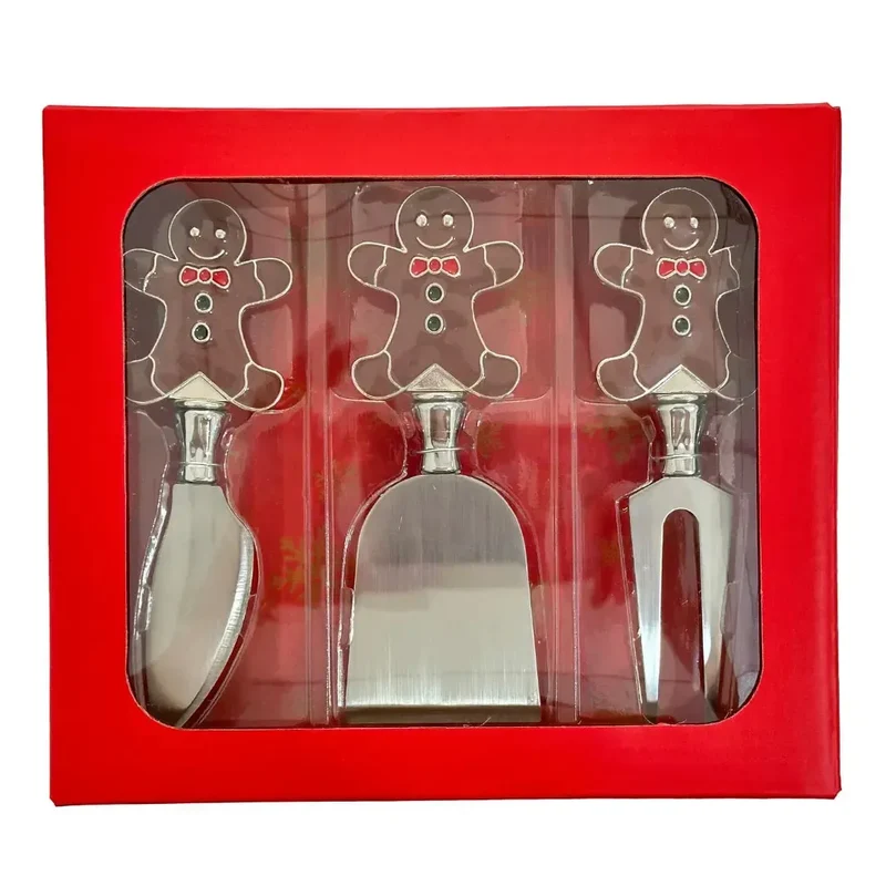 Conjunto 3 Espátulas Queijo Metal / Vidro Biscoito Gengibre Natal Vermelho / Marrom