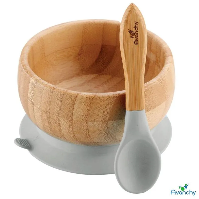 Tigela De Bambu Com Ventosa E Colher 02 Peças Cinza - Avanchy