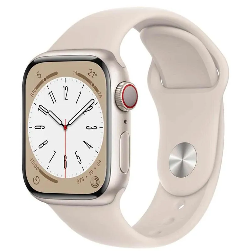 Apple Watch Series 8 (GPS + Cellular 41 mm) Caixa de Aço Inoxidável Prateada, Pulseira Esportiva Branca