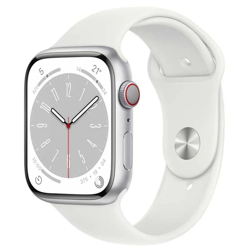 Apple Watch Series 8 (GPS 45 mm) Caixa Prateada de Alumínio com Pulseira Esportiva Branca