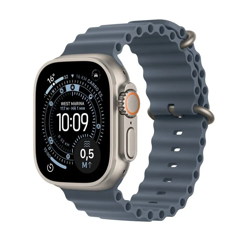 Apple Watch Ultra 3 (GPS + Cellular 49mm) Caixa Natural de Titânio com Pulseira Oceano Azul-âncora