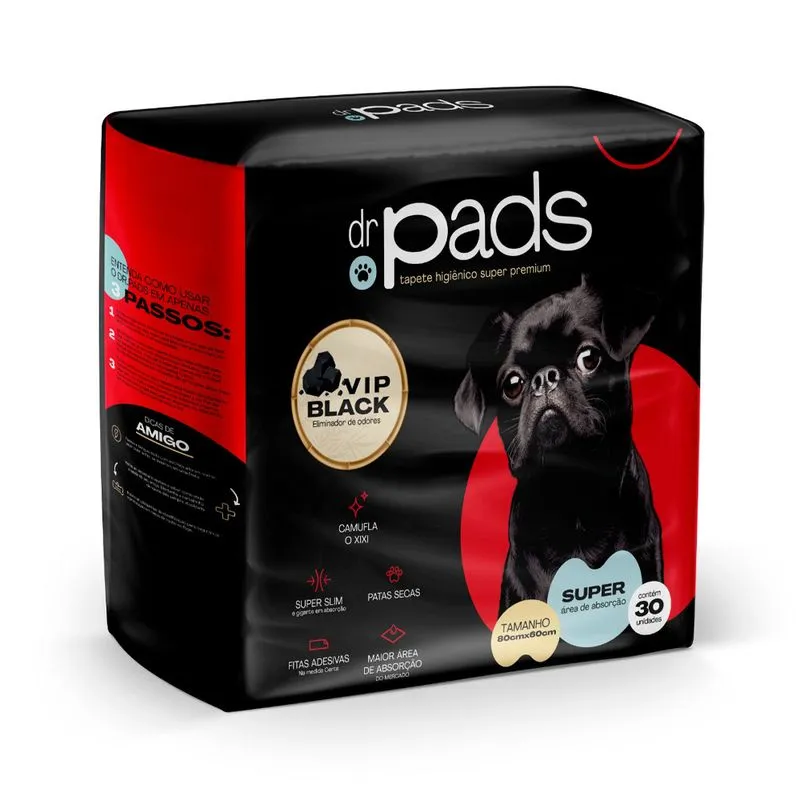Tapete Higiênico Dr. Pads Vip Black 80x60 Para Cães 30 Unidades - 1 Un