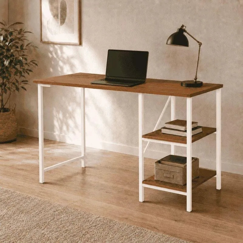 Escrivaninha Office Star Industrial 2 Prateleiras MDF 120cm Imbuia e Branco
