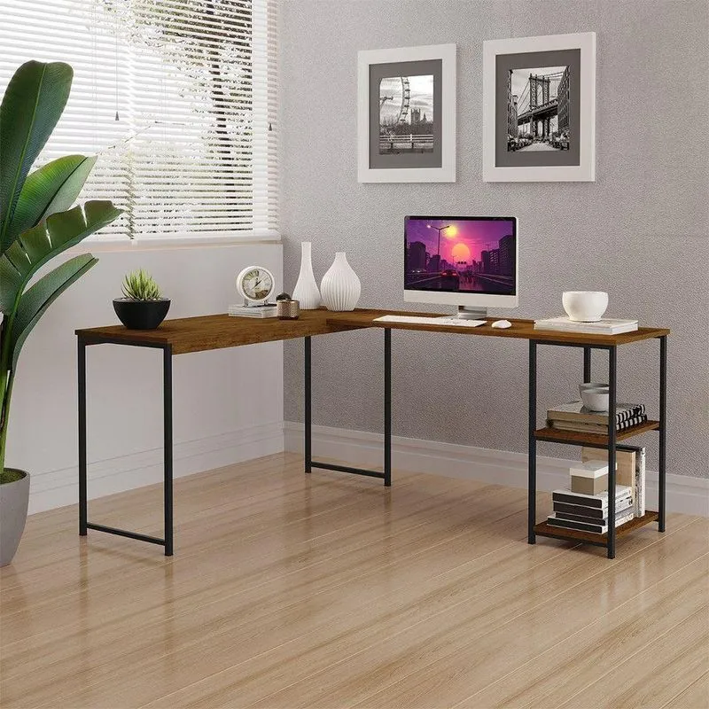 Mesa Em L Office Em Mdf Estilo Insdustrial Klm Store Imbuia/ Preto