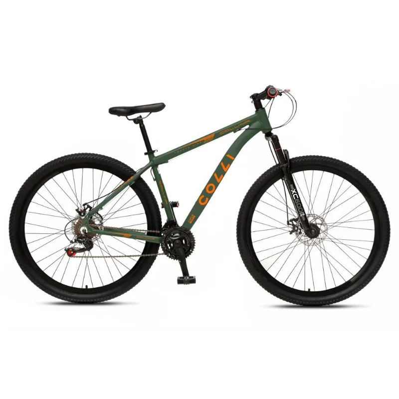 Bicicleta Aro 29 Colli Collina 21 Marchas Shimano Freio a Disco Quadro em Alumínio Verde Militar e Laranja