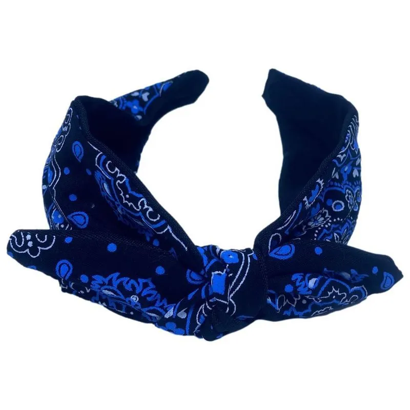 Tiara Arco Flexível Laço Removível Bandana Azul Estampada