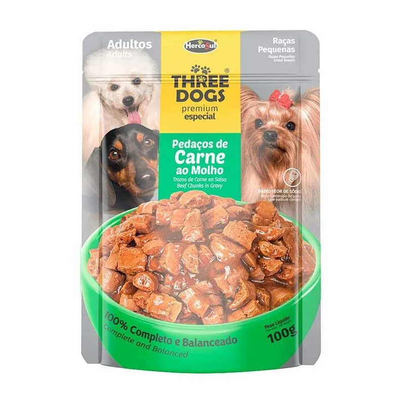 Ração Úmida Sachê Three Dog para Cães Adultos de Pequeno Porte Sabor Carne 100g