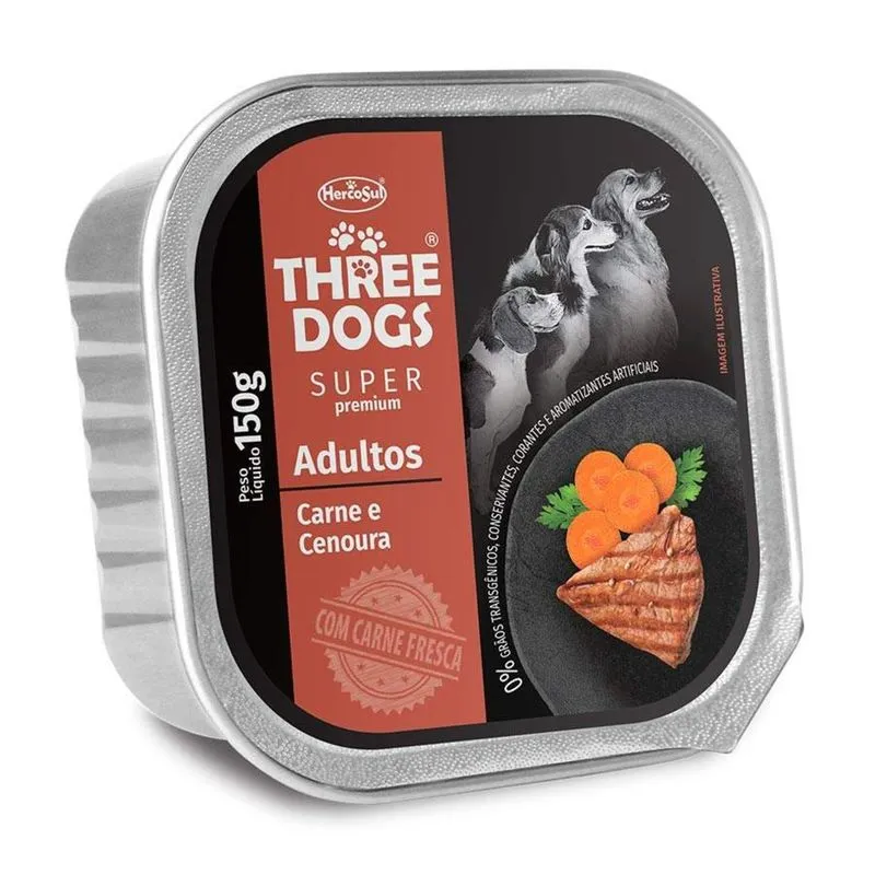 Ração Úmida Patê Three Dogs para Cães Adultos Sabor Carne e Cenoura 150g