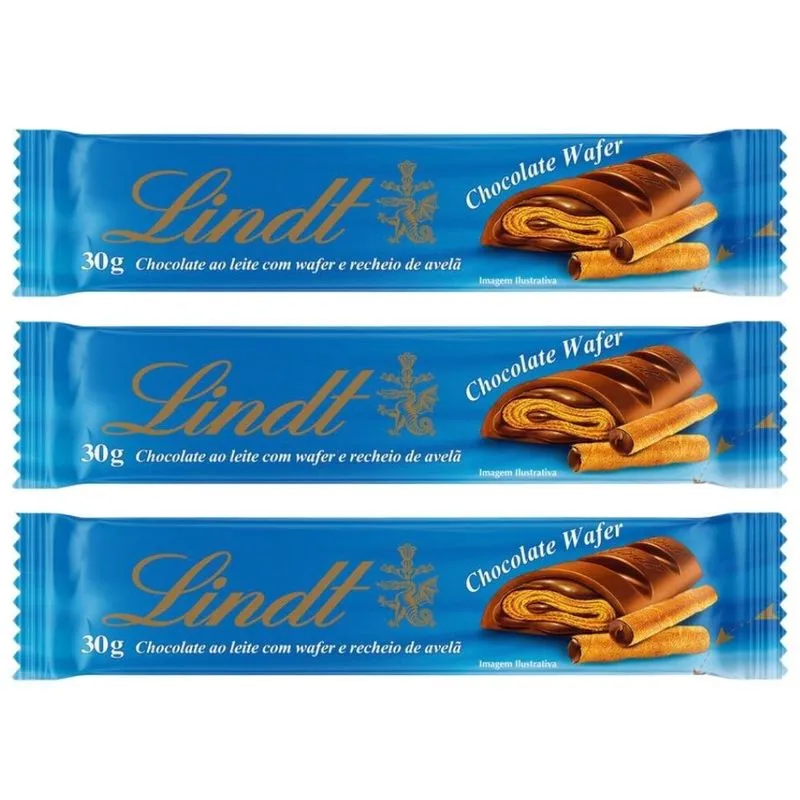 Chocolate Wafer Com Avelã Lindt Barra, 3 Barrinhas De 30g