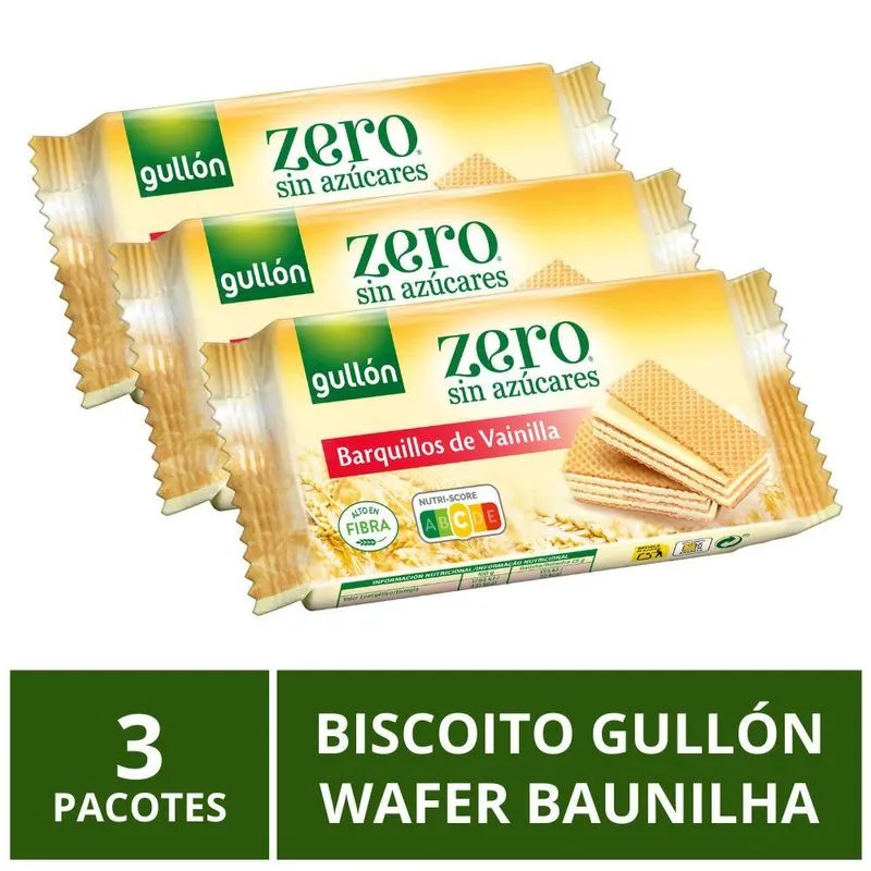 Biscoito Gullón, Wafer Baunilha, 3 Pacotes, Sem Açúcar