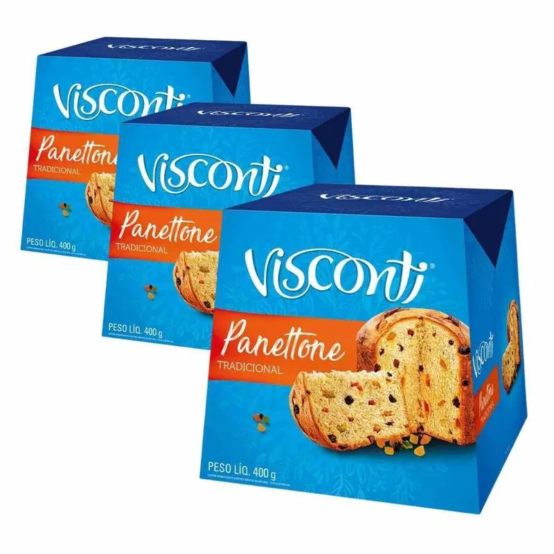 3 Panetones Visconti, Pannetone De 400g, Tradicional