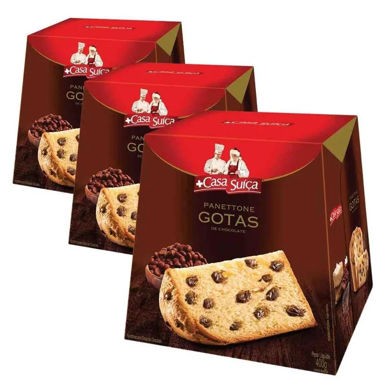 3 Panetones Casa Suíça, Chocotone 400g, Chocolate