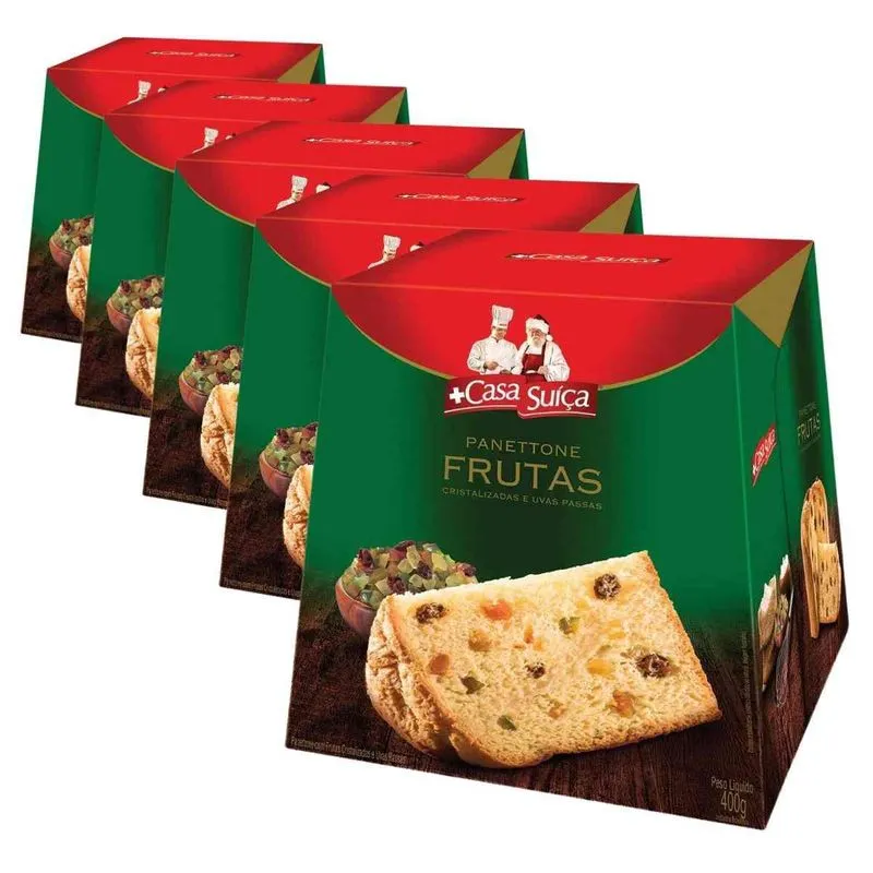 5 Panetones Casa Suíça, Pannetone De 400g, Tradicional