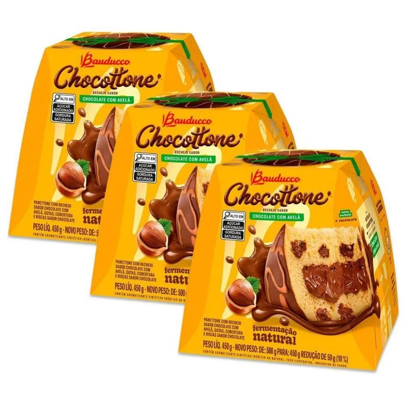 Panetone Chocolate Avelã Bauducco 450g - Kit 3 Un.