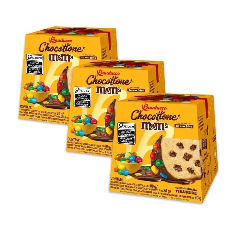 Chocotone Bauducco Kit 3 Mini Panetones M&amp;ms Chocolate 80g