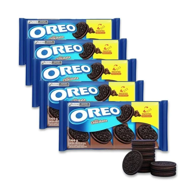 Biscoito Oreo Recheado Chocolate Kit 5 Packs De 144g