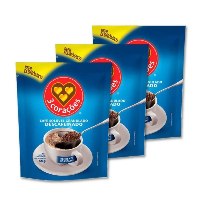 Café Três Corações Solúvel Descafeinado Kit 3 Sachês 50g