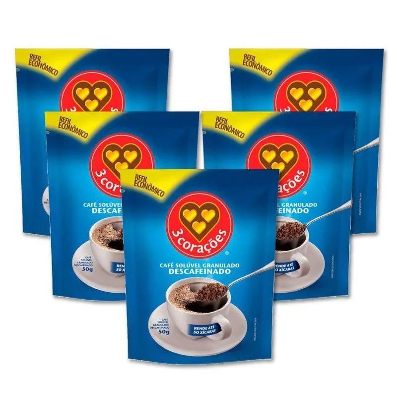 Café Três Corações Solúvel Descafeinado Kit 5 Sachês 50g