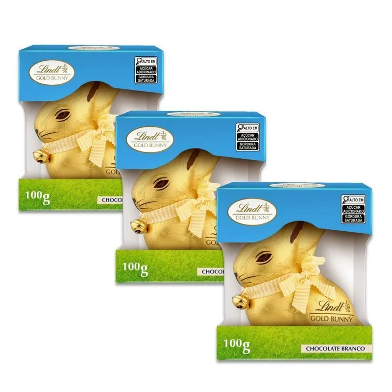 Chocolate Suíço Lindt Branco Kit 3 Coelhos Gold Bunny 100g