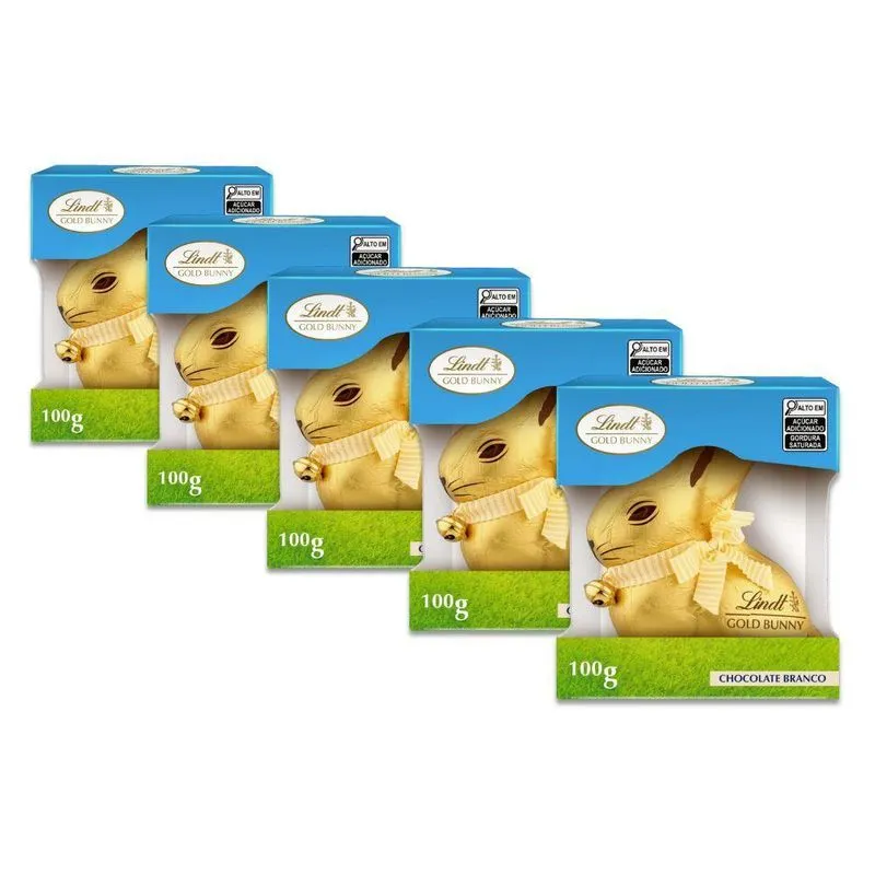 Chocolate Suíço Lindt Branco Kit 5 Coelhos Gold Bunny 100g